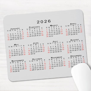 2026年 カレンダー シンプル グレー ブラック レッド マウスパッド