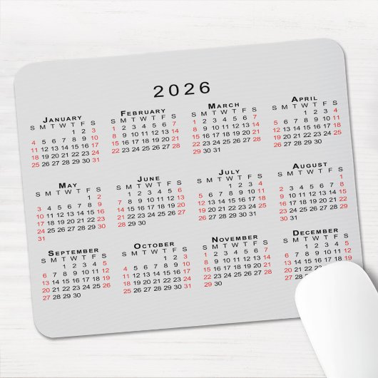 2026年 カレンダー シンプル グレー ブラック レッド マウスパッド