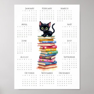 2026年 カレンダー 黒猫とカラフルな本 ポスター
