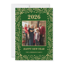 2026年 グリーンとアンティークゴールドの家族新年写真