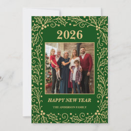 2026年 グリーンとアンティークゴールドの家族新年写真 シーズンカード