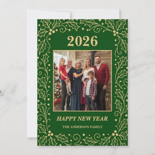 2026年 グリーンとアンティークゴールドの家族新年写真 シーズンカード (正面)