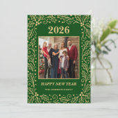 2026年 グリーンとアンティークゴールドの家族新年写真 シーズンカード (スタンド正面)