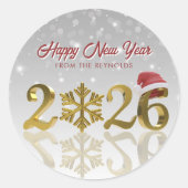 2026年 ゴールドの新年 スノーフレークとサンタ帽子 ラウンドシール (正面)