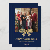 2026年 ネイビー＆ゴールドの弓 ファミリー新年の写真 シーズンカード (正面/裏面)