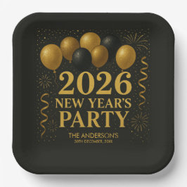 2026年 ブラック＆ゴールド 新年パーティー ペーパープレート