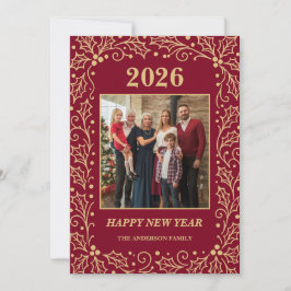 2026年 ブルゴーニュとアンティークゴールドの家族新年フォト シーズンカード