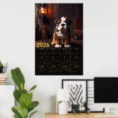 2026年 ブルドッグの子犬とランタンのカレンダー ポスター (ホームオフィス)