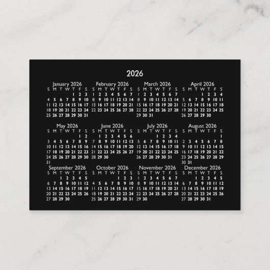 2026年 ミニポケットカレンダー 日曜日始まり ブラック 名刺 (裏面)