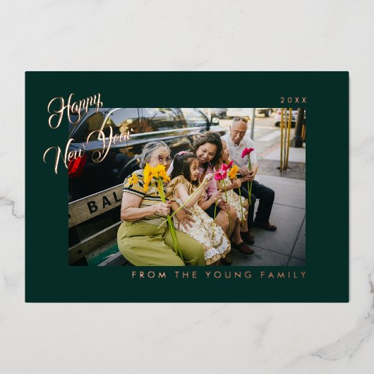 2026年 ミニマル モダン スクリプト 緑 写真 箔シーズンカード (正面)