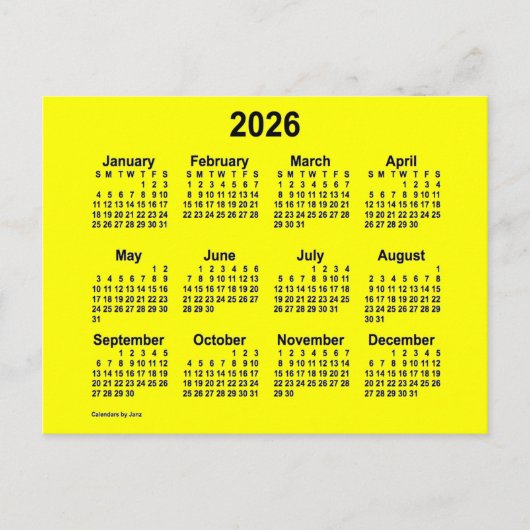 2026年 ヤンズの黄色のミニカレンダー ポストカード (正面)