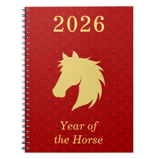 2026年 丙午 馬 お正月 赤と金 ノートブック (正面)