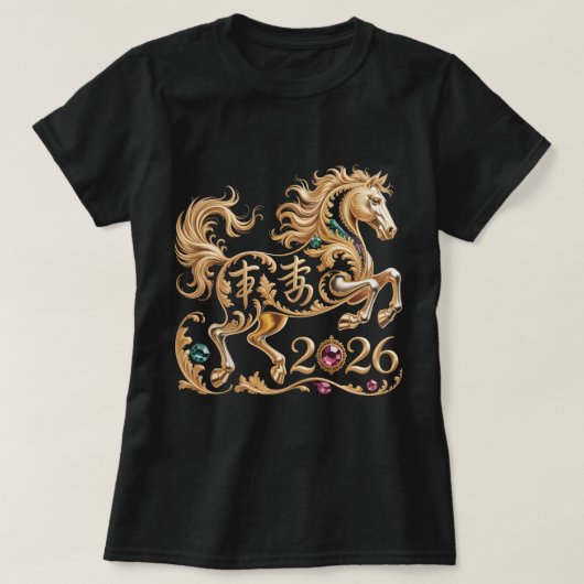 2026年 午年 中国の新年 ゴールデンホース Tシャツ (デザイン正面)