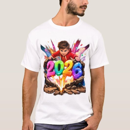 2026年 大胆でカラフルな新年のステッカーアート Tシャツ (正面)