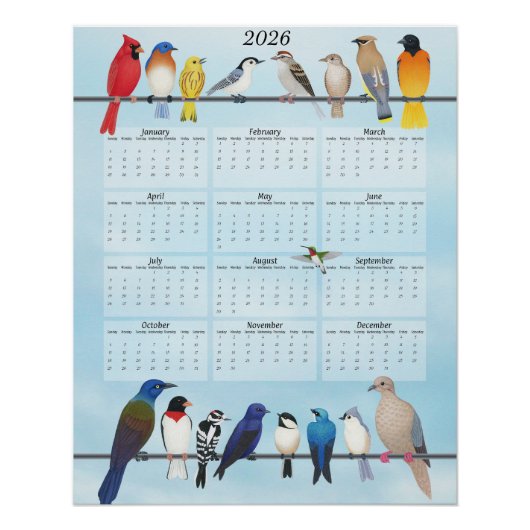2026年 庭の鳥 カレンダー ポスター (正面)