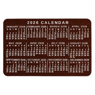 2026年 月別カレンダー ブラウン ウッドグレイン シンプル マグネット