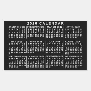 2026年 月間カレンダー クラシック ブラック&ホワイト 長方形シール