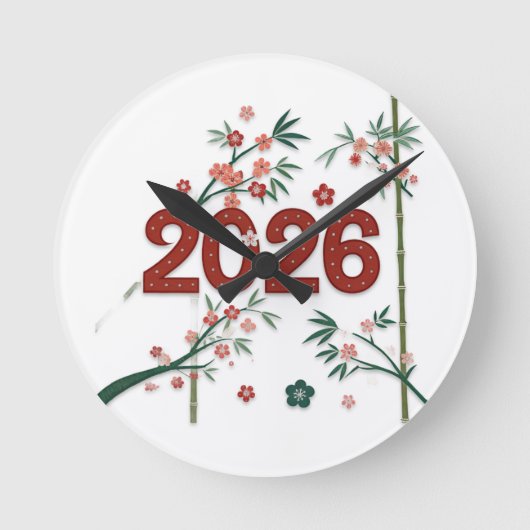 2026年 桜と竹の数字デザイン ラウンド壁時計 (正面)
