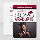 2026年 深紅と黒の写真 卒業 招待状 (正面/裏面)