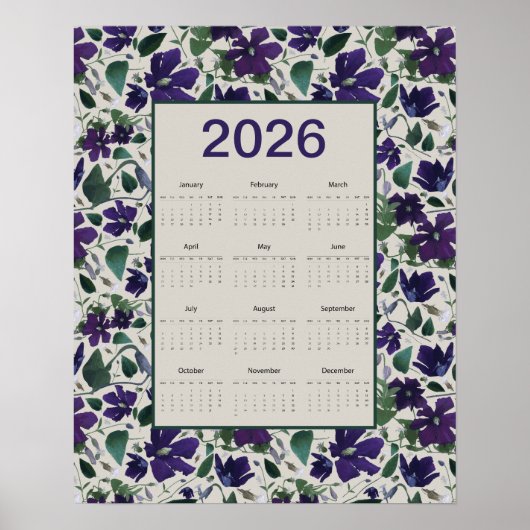 2026年 紫のクレマチスの花 壁掛けカレンダー ポスター (正面)