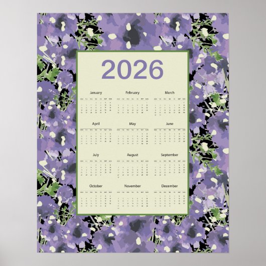2026年 紫色の花 壁カレンダー ポスター (正面)
