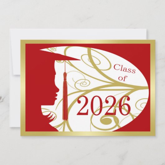 2026年 赤と金色のシルエット 卒業カード 招待状 (正面)