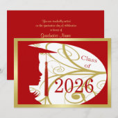 2026年 赤と金色のシルエット 卒業カード 招待状 (正面/裏面)