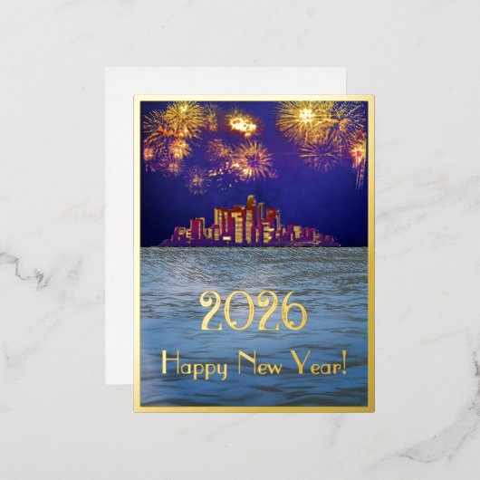 2026年　都市上空の金色の花火 箔シーズンポストカード (正面/裏面)
