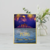 2026年　都市上空の金色の花火 箔シーズンポストカード (立ち正面)