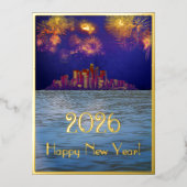 2026年　都市上空の金色の花火 箔シーズンポストカード (正面)