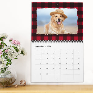 2026犬パーソナライズされたペットの写真赤いバッファロープレイド カレンダー