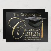 2026 クラシック ブラック＆ゴールド 卒業発表 招待状 (正面/裏面)