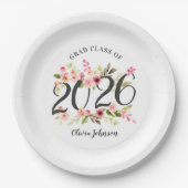 2026 ピンクの水彩花柄卒業パーティー ペーパープレート (正面)