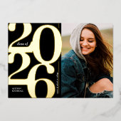 2026 フォト 卒業パーティー ブラック ゴールド 箔招待状 (正面)