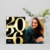 2026 フォト 卒業パーティー ブラック ゴールド 箔招待状 (立ち正面)