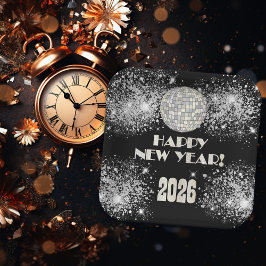2026 ブラック シルバー グリッター 新年会  ペーパープレート