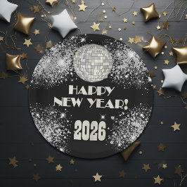 2026 ブラック シルバー グリッター 新年会  ペーパープレート
