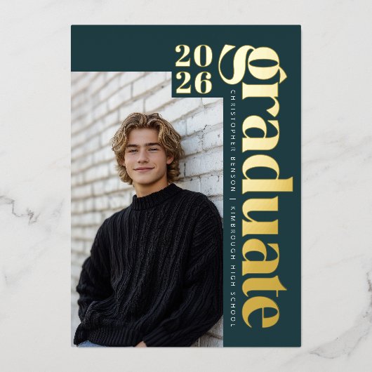 2026 モダン・ティールグリーン写真卒業ゴールド 箔招待状 (正面)