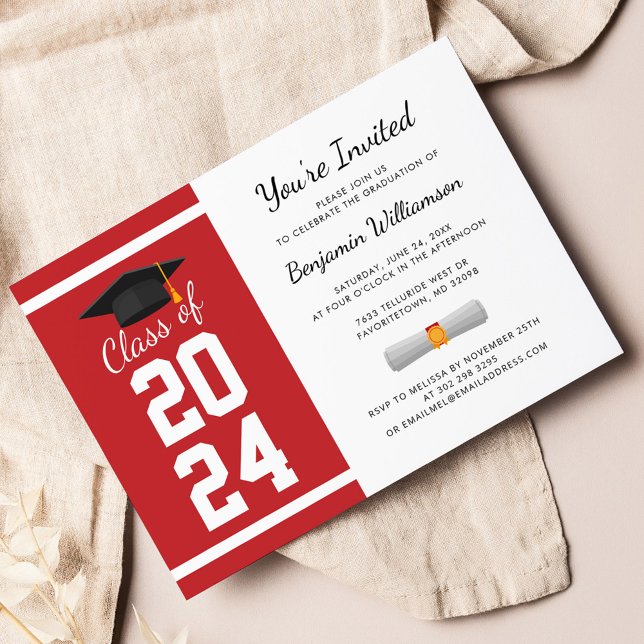 2026 卒業パーティー招待状 (Graduation 2024 Script Red White Party Invitation)