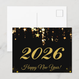 2026,新年おめでとう!金ゴールド星と黒背景 ポストカード
