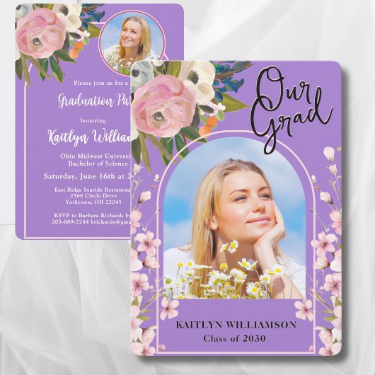 2026 水彩ピンクの花の写真 卒業パーティー 招待状