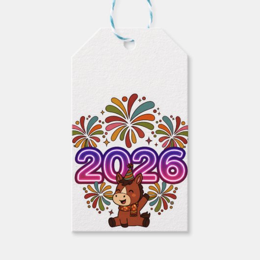 2026 花火とパーティーホース - 華やかな新年を祝おう ギフトタグ (正面)