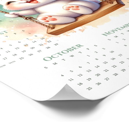 2026 1-Page Calendar Cute Bunny on Swing Whimsical ポスター (角)