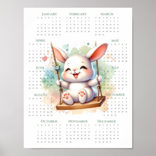 2026 1-Page Calendar Cute Bunny on Swing Whimsical ポスター (正面)