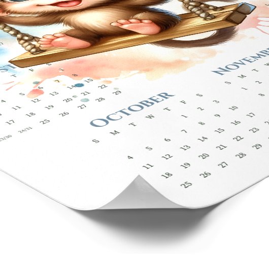 2026 1-Page Calendar Cute Monkey on Swing Jungle ポスター (角)