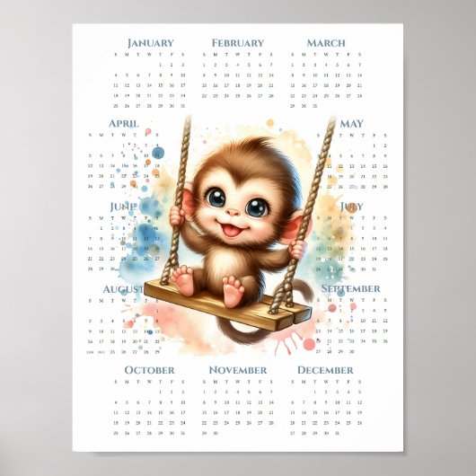 2026 1-Page Calendar Cute Monkey on Swing Jungle ポスター (正面)