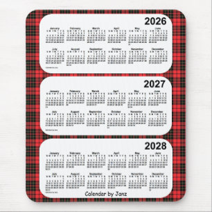 2026-2028赤い格子縞Janz著3年のカレンダー マウスパッド