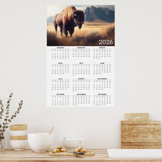 2026 Bison & Mountain Landscape Calendar ポスター (キッチン)