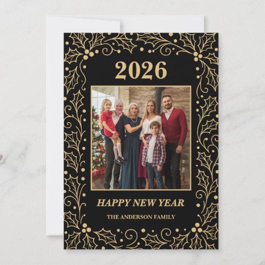 2026 Black & Antique-Gold Family New Year Photo シーズンカード (正面)