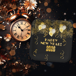 2026 Black Gold Glitter New Year's Eve Party ペーパープレート
